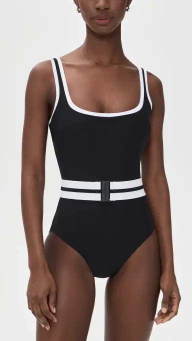 STYLEST Dreamsculpt Piped Square Neck Swimsuit Caviar/Blanc | Thumbnail 2