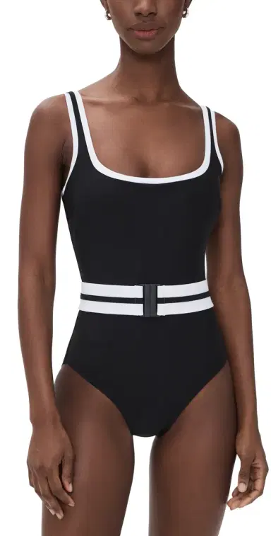 STYLEST Dreamsculpt Piped Square Neck Swimsuit Caviar/Blanc | Thumbnail 1
