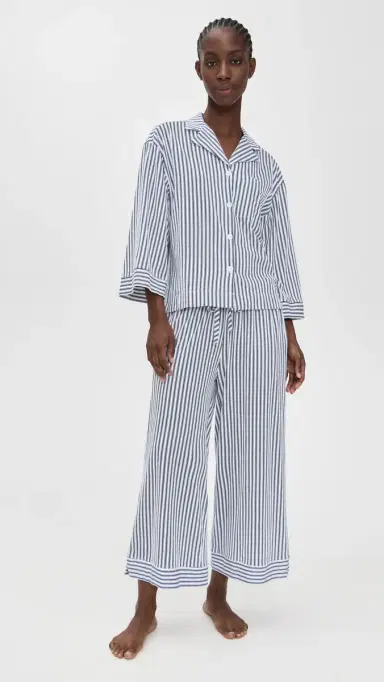 Petite Plume Luxe Pima French Ticking Wide eg Pajama Set Navy | Thumbnail 2