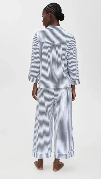Petite Plume Luxe Pima French Ticking Wide eg Pajama Set Navy | Thumbnail 3