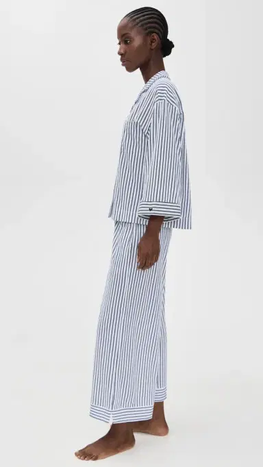 Petite Plume Luxe Pima French Ticking Wide eg Pajama Set Navy | Thumbnail 4