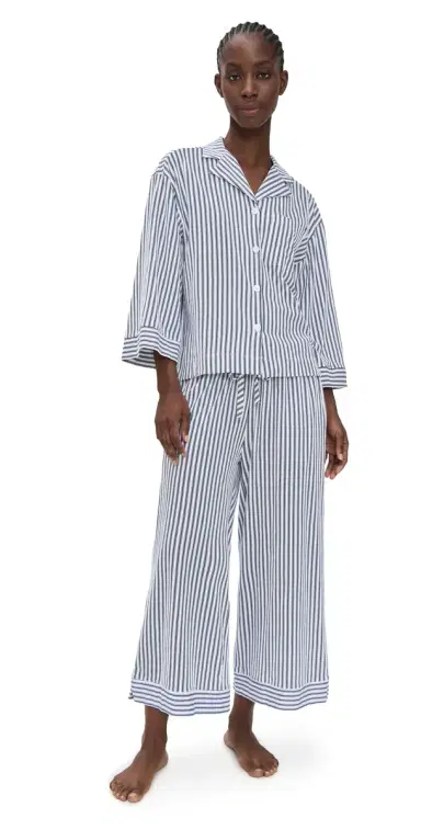 Petite Plume Luxe Pima French Ticking Wide eg Pajama Set Navy | Thumbnail 1