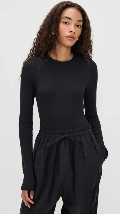 Tibi Circular Ribbed Crew Neck Pullover T-Shirt Black | Thumbnail 2