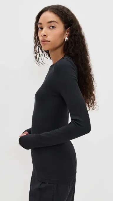 Tibi Circular Ribbed Crew Neck Pullover T-Shirt Black | Thumbnail 4