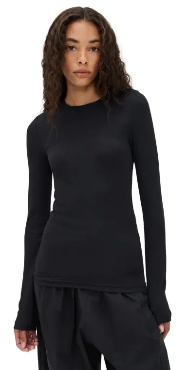 Tibi Circular Ribbed Crew Neck Pullover T-Shirt Black | Thumbnail 1