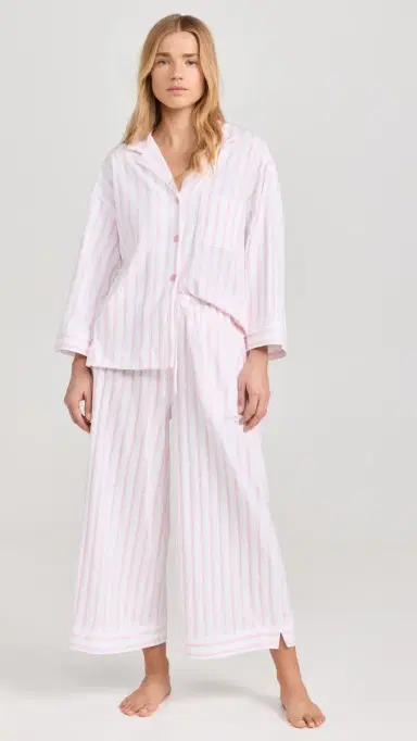 Petite Plume Women's Luxe Pink Stripe Wide Leg Pajama et White/Pink | Thumbnail 2 Petite Plume Women's Luxe Pink Stripe Wide Leg Pajama et White/Pink | Thumbnail 2