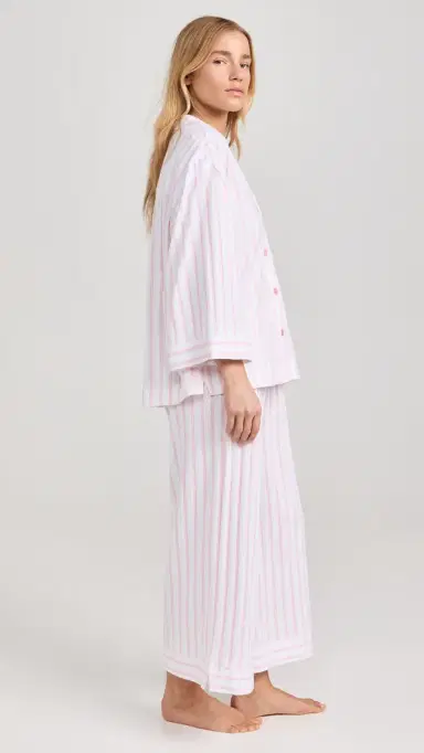Petite Plume Women's Luxe Pink Stripe Wide Leg Pajama et White/Pink | Thumbnail 4 Petite Plume Women's Luxe Pink Stripe Wide Leg Pajama et White/Pink | Thumbnail 4