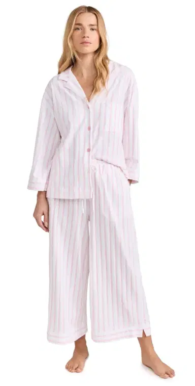 Petite Plume Women's Luxe Pink Stripe Wide Leg Pajama et White/Pink | Thumbnail 1 Petite Plume Women's Luxe Pink Stripe Wide Leg Pajama et White/Pink | Thumbnail 1