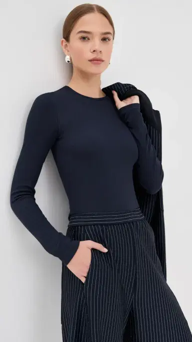 Tibi Circular Ribbed Crew Neck Pullover T-Shirt Navy XXS | Thumbnail 2 Tibi Circular Ribbed Crew Neck Pullover T-Shirt Navy XXS | Thumbnail 2