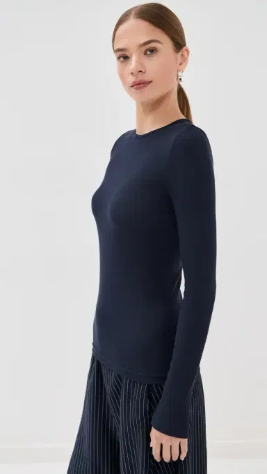 Tibi Circular Ribbed Crew Neck Pullover T-Shirt Navy XXS | Thumbnail 4 Tibi Circular Ribbed Crew Neck Pullover T-Shirt Navy XXS | Thumbnail 4