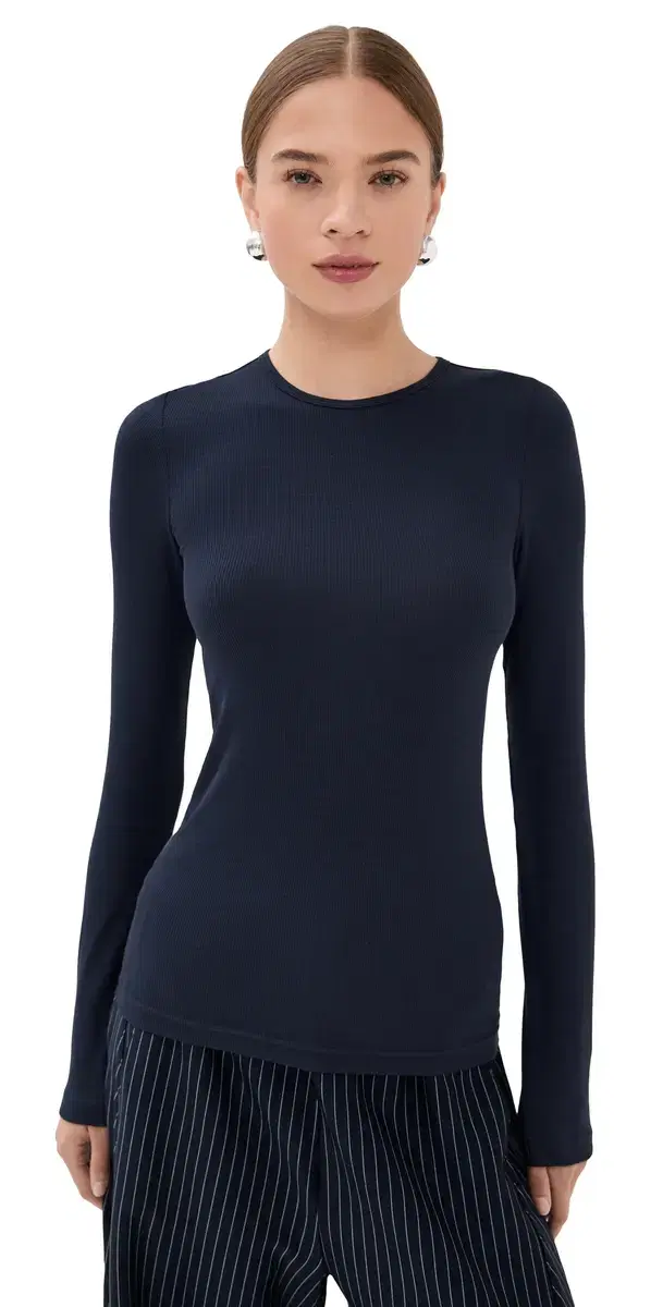 Tibi Circular Ribbed Crew Neck Pullover T-Shirt Navy