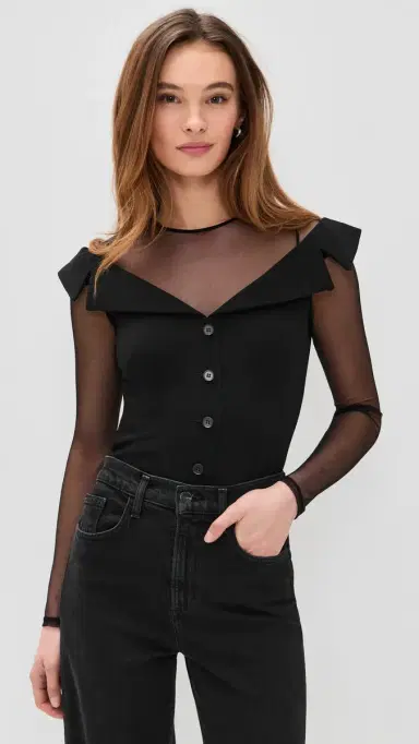 Fleur du Mal Off Shoulder Blazer Thong Bodysuit Black | Thumbnail 2