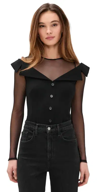 Fleur du Mal Off Shoulder Blazer Thong Bodysuit Black | Thumbnail 1