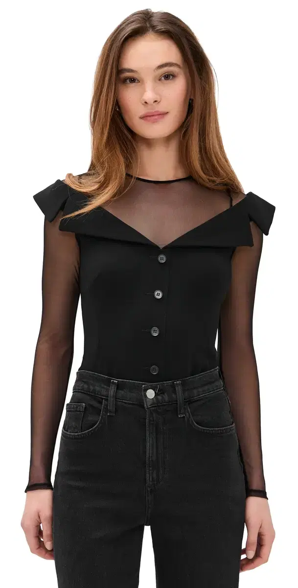 Off Shoulder Blazer Thong Bodysuit Black