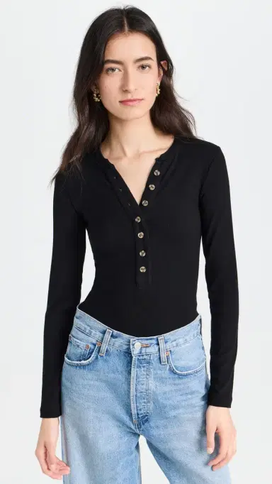 Ambitionist Button Up Ribbed Henley Thong Bodysuit Black S | Thumbnail 2