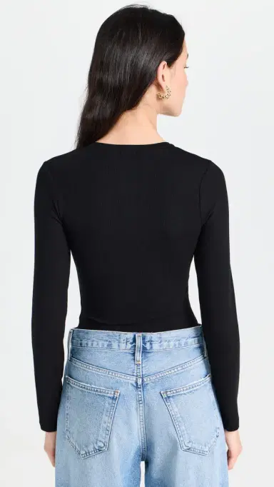 Ambitionist Button Up Ribbed Henley Thong Bodysuit Black S | Thumbnail 3
