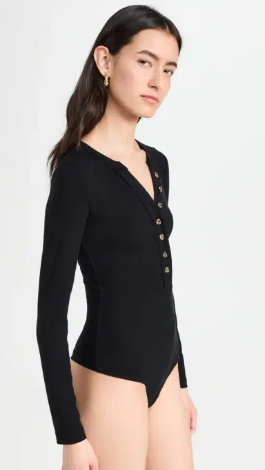 Ambitionist Button Up Ribbed Henley Thong Bodysuit Black S | Thumbnail 4