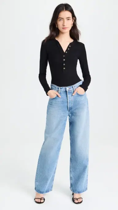 Ambitionist Button Up Ribbed Henley Thong Bodysuit Black S | Thumbnail 5