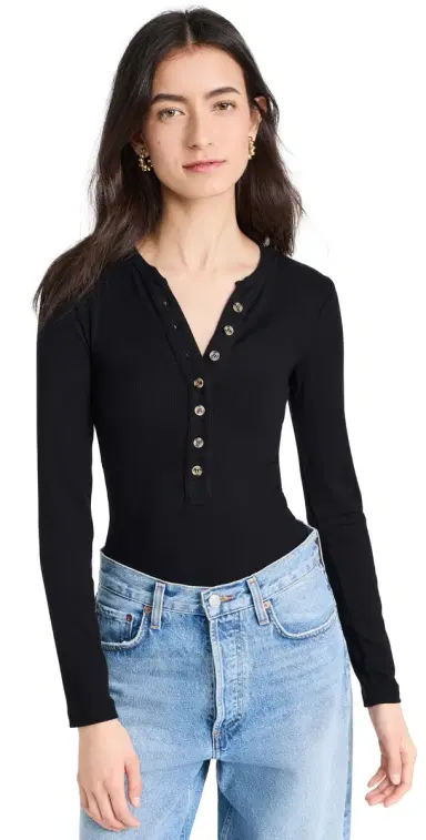 Ambitionist Button Up Ribbed Henley Thong Bodysuit Black S | Thumbnail 1