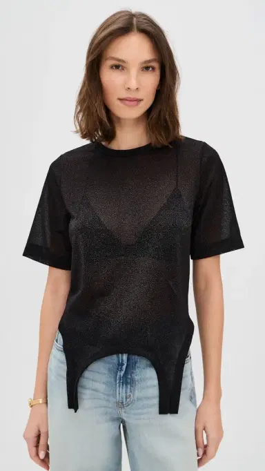 MEIMEIJ Short Sleeve Metallic Faux Bodysuit Top Nero Metallic | Thumbnail 2