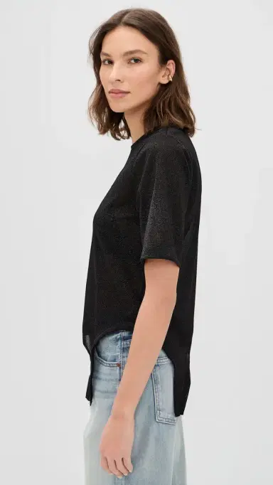 MEIMEIJ Short Sleeve Metallic Faux Bodysuit Top Nero Metallic | Thumbnail 4