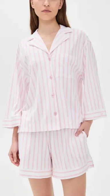 Petite Plume Pima Olivia Short Set White/Pink Stripe | Thumbnail 2