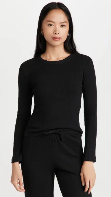 Leset Pointelle lim Fit Long Sleeve Top Black | Thumbnail 2