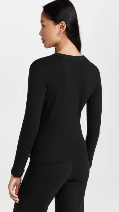 Leset Pointelle lim Fit Long Sleeve Top Black | Thumbnail 3