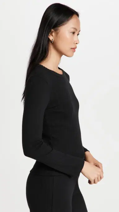 Leset Pointelle lim Fit Long Sleeve Top Black | Thumbnail 4