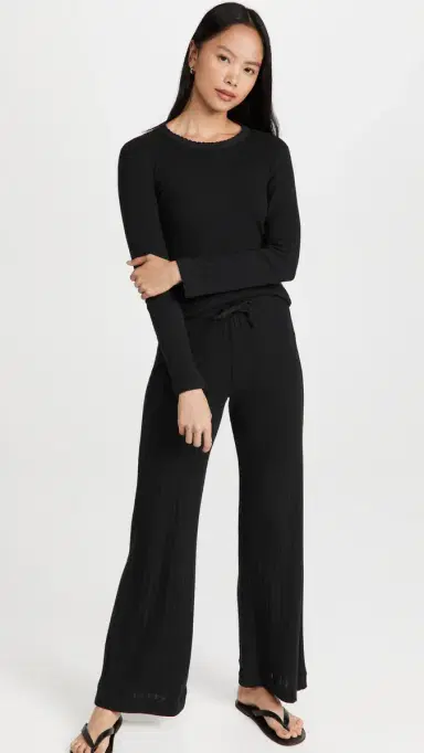 Leset Pointelle lim Fit Long Sleeve Top Black | Thumbnail 5