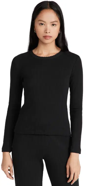 Leset Pointelle lim Fit Long Sleeve Top Black | Thumbnail 1