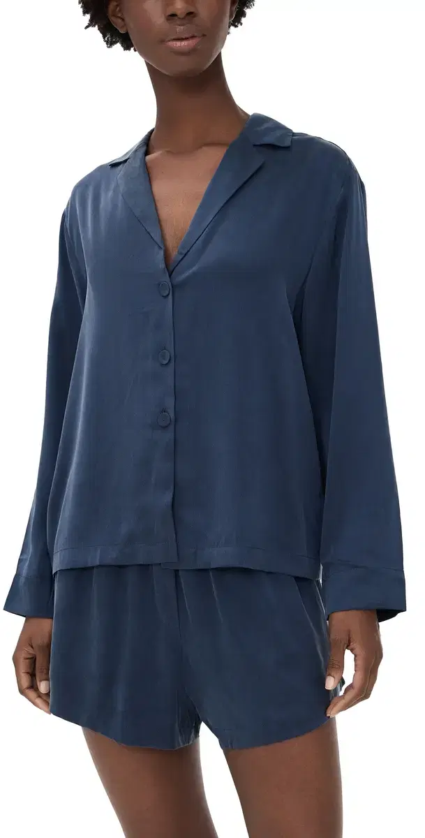 Long leeve ilk Button Up horts et Deep Blue