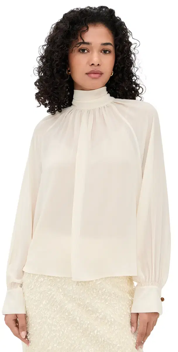 Gathered Draped Neck Blouse Cream