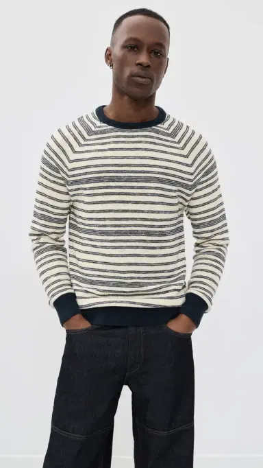Billy Reid Raglan Stripe Crew Sweater Tinted White/Carbon Blue | Thumbnail 2 Billy Reid Raglan Stripe Crew Sweater Tinted White/Carbon Blue | Thumbnail 2