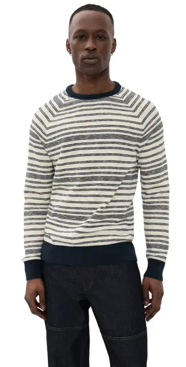 Billy Reid Raglan Stripe Crew Sweater Tinted White/Carbon Blue | Thumbnail 1 Billy Reid Raglan Stripe Crew Sweater Tinted White/Carbon Blue | Thumbnail 1