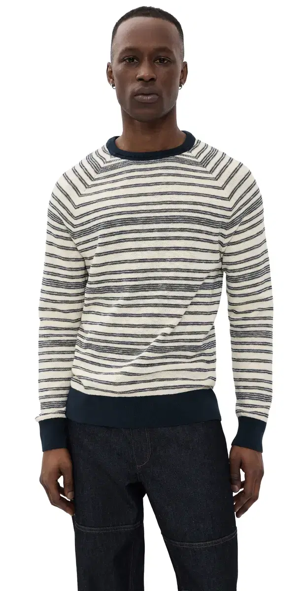 Raglan Stripe Crew Sweater Tinted White/Carbon Blue