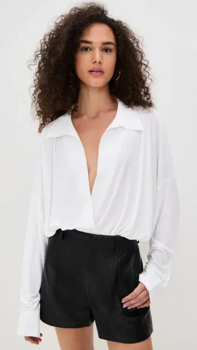 Norma Kamali Super Oversized Boyfriend Shirt Bodysuit now White | Thumbnail 2