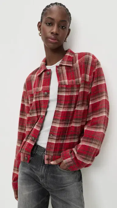 R13 Relaxed Pleated Trucker Jacket Red Plaid | Thumbnail 2 R13 Relaxed Pleated Trucker Jacket Red Plaid | Thumbnail 2