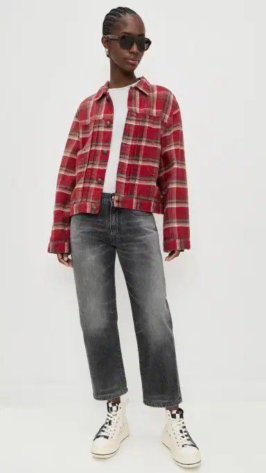 R13 Relaxed Pleated Trucker Jacket Red Plaid | Thumbnail 5 R13 Relaxed Pleated Trucker Jacket Red Plaid | Thumbnail 5