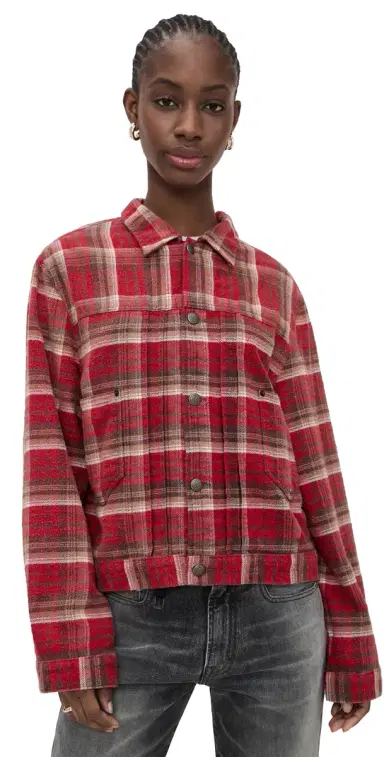 R13 Relaxed Pleated Trucker Jacket Red Plaid | Thumbnail 1 R13 Relaxed Pleated Trucker Jacket Red Plaid | Thumbnail 1