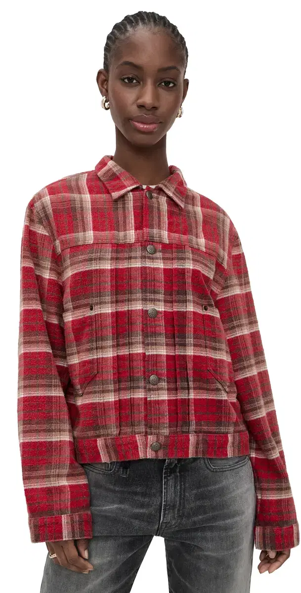 Relaxed Pleated Trucker Jacket Red Plaid