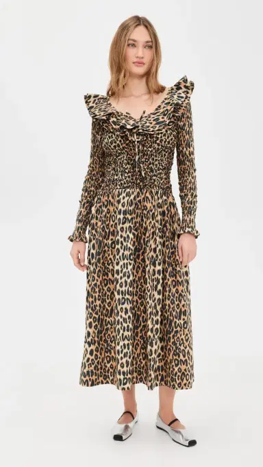 Damson Madder Harper Shirred Midi Dress Leopard | Thumbnail 2