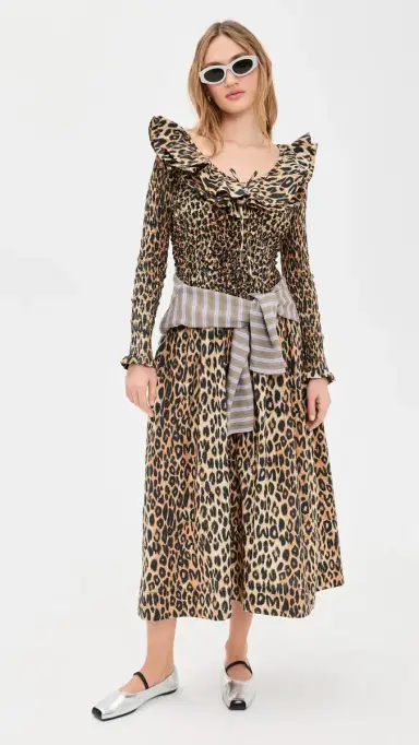 Damson Madder Harper Shirred Midi Dress Leopard | Thumbnail 5