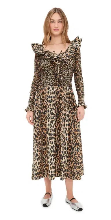 Damson Madder Harper Shirred Midi Dress Leopard | Thumbnail 1