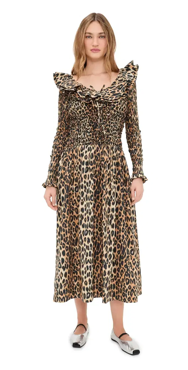 Damson Madder Harper Shirred Midi Dress Leopard