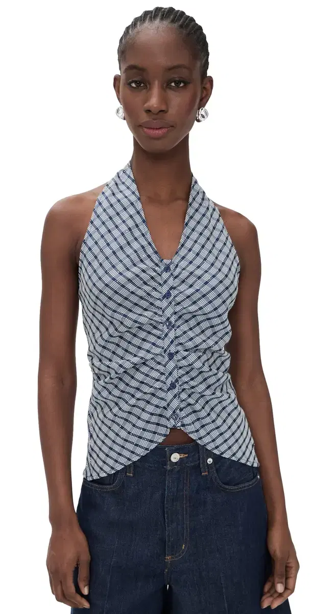 Lioness Power Hour Halter Top Navy Plaid