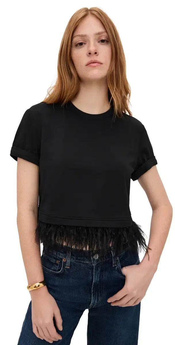 Short Sleeve Cropped Feather Tee Black