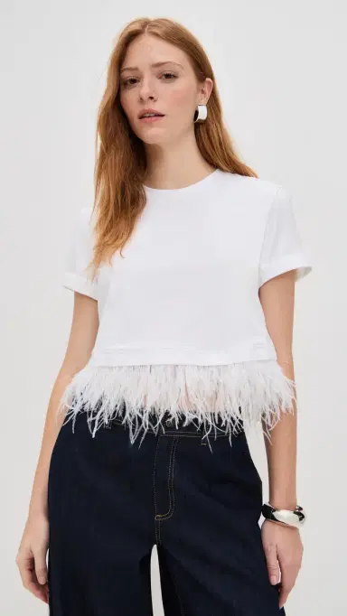 Cinq à Sept Short Sleeve Cropped Feather Tee | Thumbnail 2 Cinq à Sept Short Sleeve Cropped Feather Tee | Thumbnail 2
