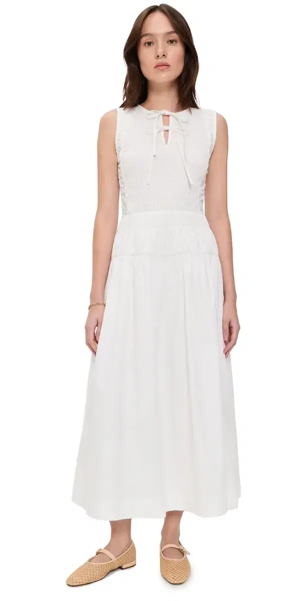 Smocked Shirred idi Dress White