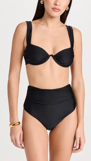 SIMKHAI Teya High Waisted Ruched Bikini Bottoms Black | Thumbnail 4